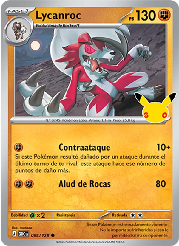 Lycanroc Celebración 30.º Aniversario 085/128